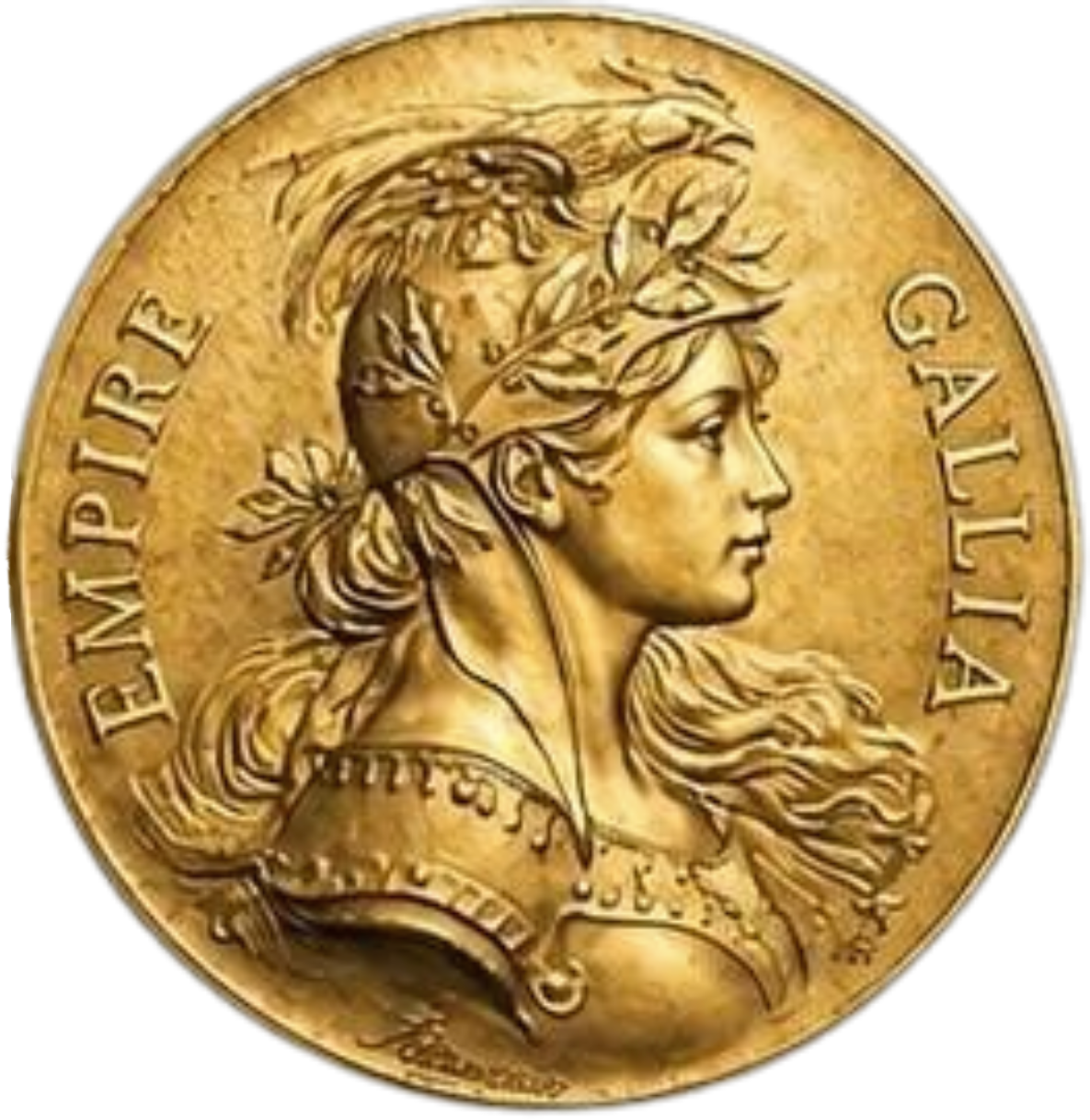 EMPIRE GALLIA — buste casqué de Gallia, légende EMPIRE à gauche et GALLIA à droite, signature de graveur sous le buste